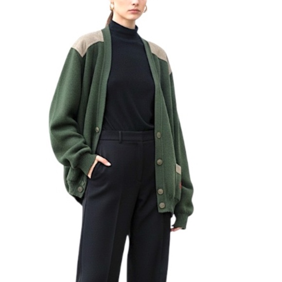 VTG 90s Burberrys dark green pure wool suede patch grandpa cardigan sweater XL - Picture 3 of 17